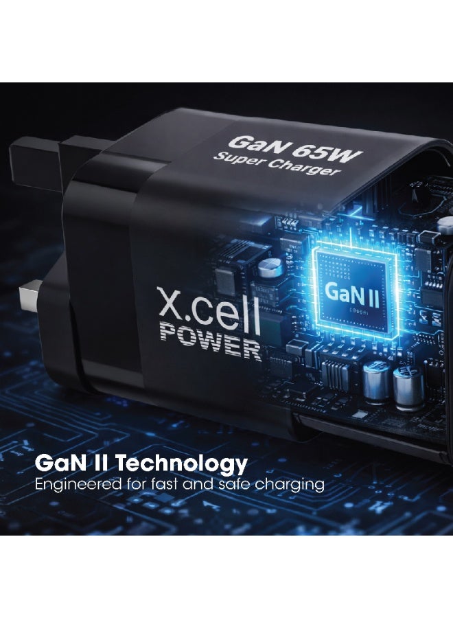 Xcell 65W GaN II USB-C Fast Charger with 65cm Retractable Cable, 3-Port Fast Charging (2 USB-C PD + USB-A QC 3.0), PPS Support, Compact Wall Charger for iPhone 16/17, Samsung & USB-C Devices, Black - Image 5